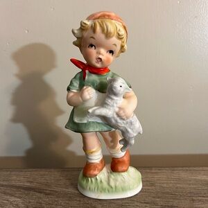 Vintage Relco Hand Painted Figurine Little Girl holding Lamb 6” by 2.5” Japan